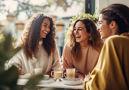 Group of friends smiling over cup of coffee