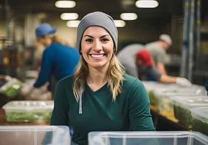 Woman with beanie smiling while working in kitchen